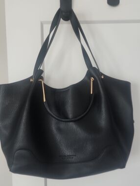 Sondra Roberts Black and Gold Tote with Modern Design Pebble Leather Detachable